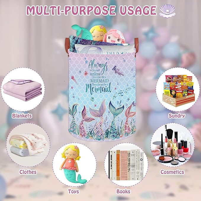 Mermaid Room Decor Kids Laundry Basket,Pink Ocean Baby Girls Laundry Hamper, Under The Sea Kids Clothes Hamper Storage Box, Cute Beach Towel Pool Toy Bin (Mermaid)
