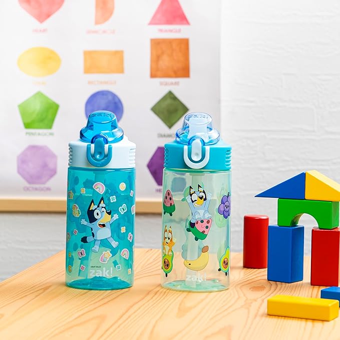 Zak Designs Bluey Sage Kids Water Bottle For School or Travel, 16oz Durable Plastic Water Bottle With Straw, Handle, and Leak-Proof, Pop-Up Spout Cover, 2-Pack Set (Bluey & Bingo)