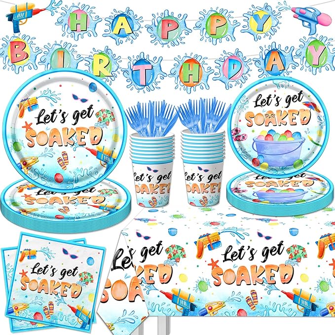 Summer Party Decorations, 142Pcs Water Gun Party Decorations Tableware Set,Include Plates and Napkins,Tablecloth,Banner for Let's Get Soaked Pool Beach Party Birthday Supplies, Serves 20
