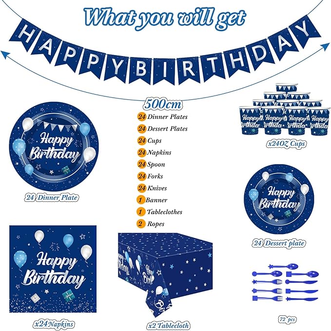 Pajean Blue Happy Birthday Party Tableware Set Birthday Decoration Banner and Tablecloths Decoration Plates Cups Napkins Dinnerware for 24 Guests Party Supplies(Blue and Silver)