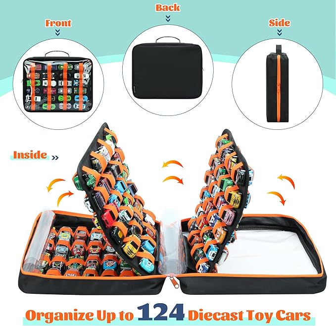 124 Slots Toy Cars Storage Case with Clear Window, Matchbox Cars Storage Holds 124 Diecast Cars, Matchbox Cars Organizer Compatible with Toy Cars, Portable Carrying Case with 5 PE Board Panels (Black)