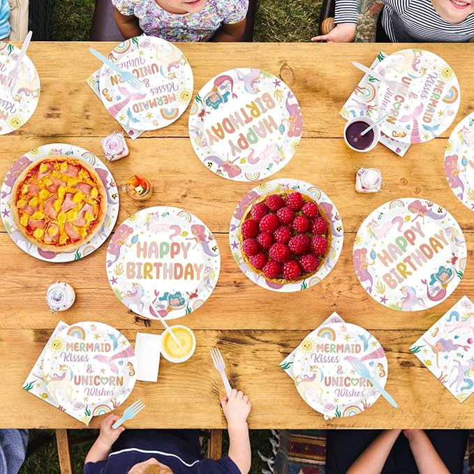 96 Pcs Mermaid Unicorn Birthday Party Decorations Cartoon Mermaid Paper Plates and Napkins Magical Pastel Rainbow Unicorn Tableware Sets for Girls Happy Birthday Baby Shower Party Supplies Serves 24