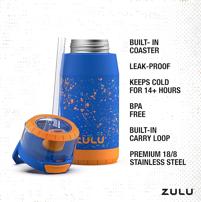 ZULU Kids Flex 12oz Stainless Steel Insulated Water Bottle, Toddler Cup with Silicone Spout, Leak-Proof Locking Flip Lid and Carry Loop for School Backpack, Lunchbox, and Outdoor Sports, Blue