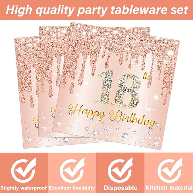 96 Pcs 18th Birthday Decoration for Girls Rose Gold 18th Birthday Plates and Napkins Party Supplies Time to Adult Rose Gold Pink Happy 18 Years Disposable Tableware for 24 Guests Party Decoration