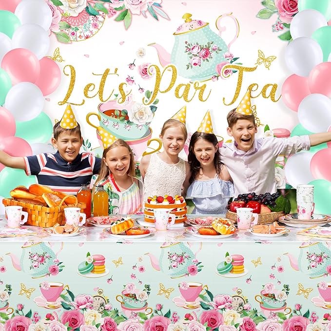 Havawish 165 Pcs Floral Tea Party Decorations Birthday Supplies Girls Women Tea Party Backdrop Tablecloth Balloon Birthday Paper Plate Napkin Tableware Set Disposable for Lets Partea Baby Shower