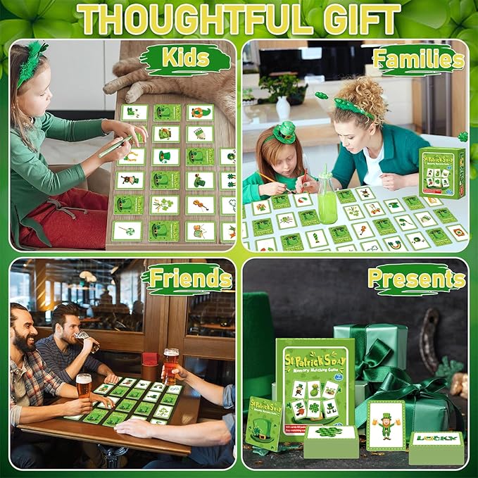 gisgfim 100 PCS Memory Matching Game St. Patrick's Day Concentration Memory Games Card for Kids Educational Ages 3-8 A Fun & Fast Shamrock Theme Matching Games