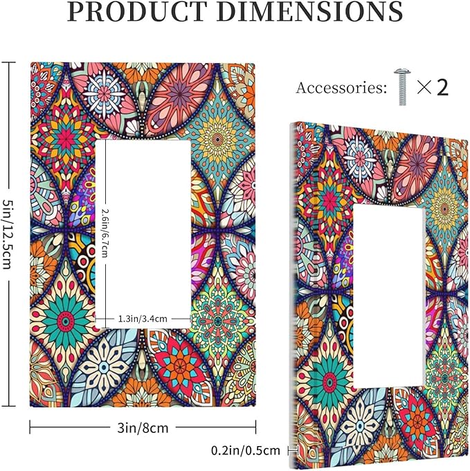 Bohemian Single Rocker Outlet Wall Plate Decorative 1 Gang Light Switch Cover colorful Vintage Floral Mandala Flower Decora Electrical Gfci Switchplate for Kitchen Bathroom Home Decor