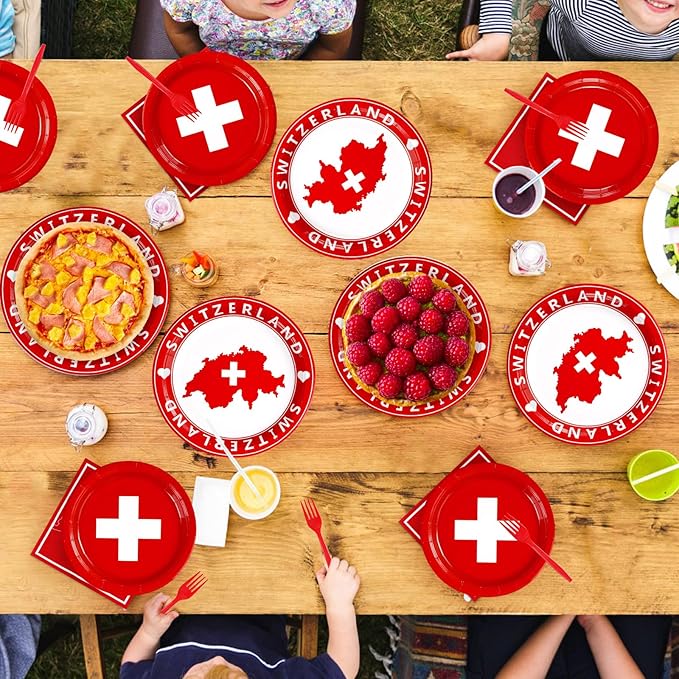 Grencian 96Pcs Switzerland Party Supplies Swiss Flag Plates and Napkins Disposable Switzerland Paper Plates Swiss National Day Decorations Tableware Kit for Travel, Cultural or Themed Events