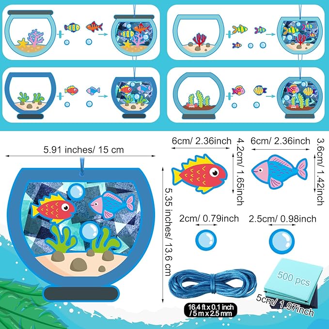 Chiisong 24 Sets Fishbowl Paper Crafts for Kids Summer Fish Tissue Paper Sign Craft Kit Make Your Own Aquarium DIY Paper Craft Art Projects for Kids Fun Classroom Home Activities, 4 Styles