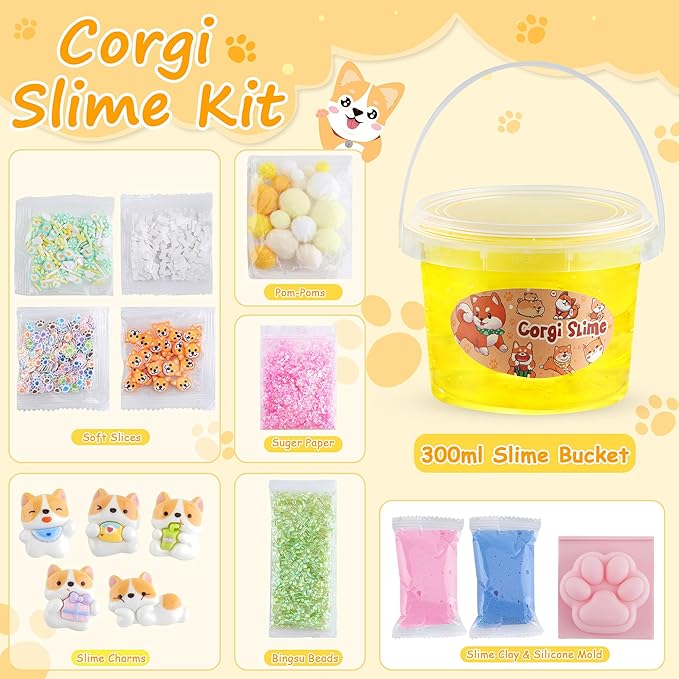 Corgi Yellow Slime Kit - Big Bucket with Slime Clay, 9 Add-ins, Crunchy Slime Sensory Toys, Slimes Party Favors for Girls & Boys 8+, Sensory Experience DIY Toys, Holiday & Birthday Gift for Kids