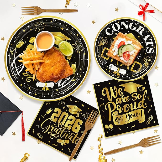 192Pcs 2026 Graduation Plates and Napkins for 48 Guests, Black and Gold Congrats Grad Party Supplies, Class of 2026 Disposable Paper Plates Napkins Set for Graduation Party Decorations