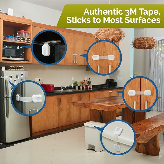 Child Safety Strap Locks (4 Pack) Baby Locks for Cabinets and Drawers, Toilet, Fridge & More. 3M Adhesive Pads. Easy Installation, No Drilling Required, White/Gray