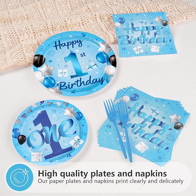 96Pcs Blue 1st Birthday Party Decorations Mr Onederful Plates and Napkins Baby Boy Happy Birthday Tableware Set Supplies for One Year Old Baby Shower Holiday Party Favors Serves 24