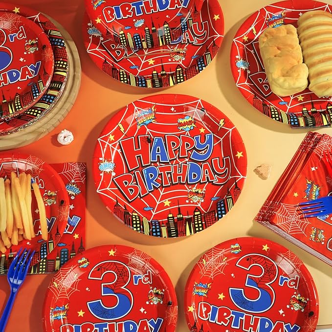 96Pcs Spider 3rd Birthday Party Decorations Cartoon Spider Theme Plates Napkins Red Blue Hero Tableware set Super Theme Hero 3rd Birthday Decoration Favors for Kids 3 Year Old Party Supplies Serve 24