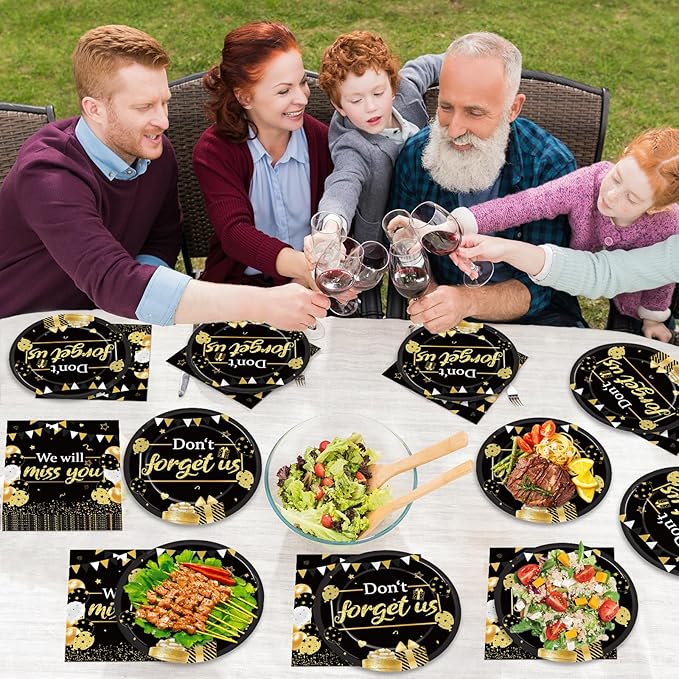 48Pcs We Will Miss You Paper Plates and Napkins Farewell Party Decorations Goodbye Party Supplies Black and Gold Going Away Disposable Tableware Set for Leaving Retirement Graduation Serve 24