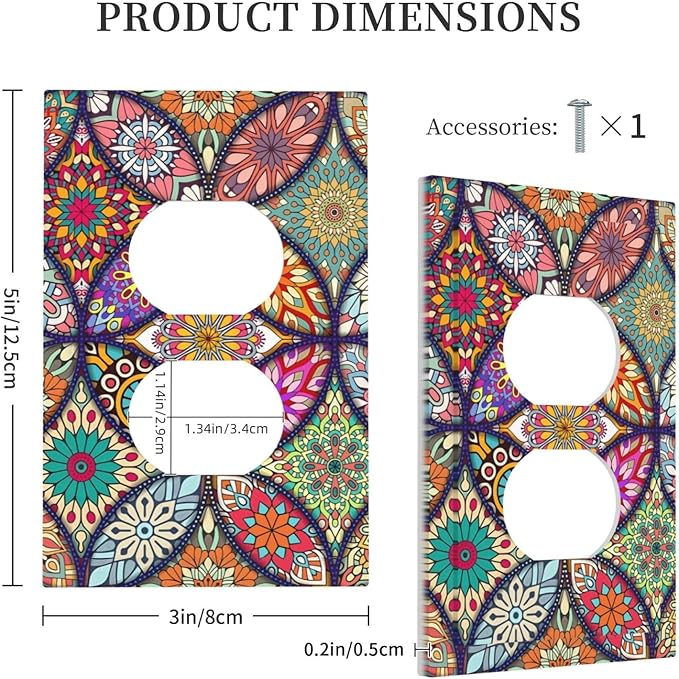 Boho Floral Pretty Colorful Mandala Flowers Outlet Covers 1 Gang Duplex Light Switch Cover Decorative Switch Plates Electrical Receptacle Faceplate Wall Plate for Bedroom Living Room Decor