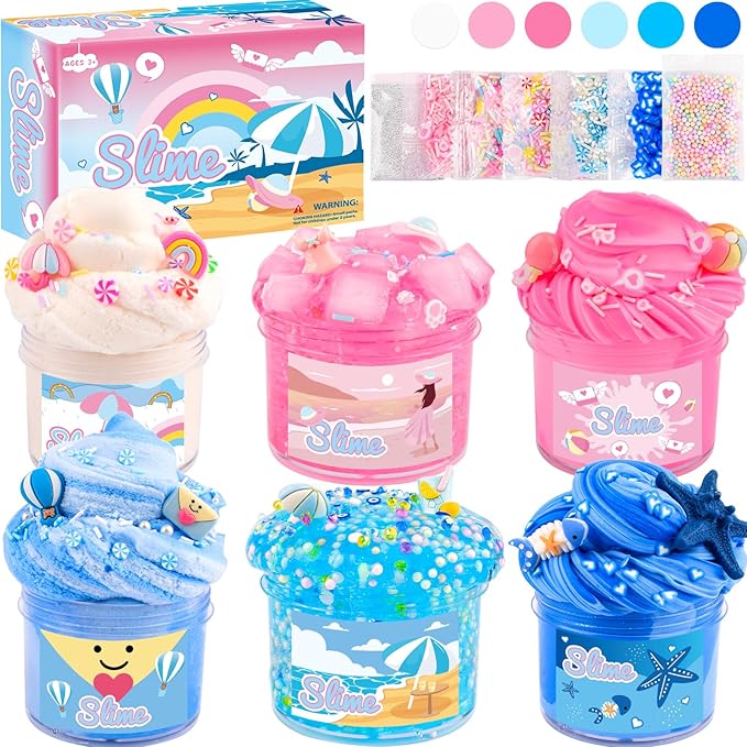 6 Pack Slimes, Pink & Blue Slime kit, Cloud Butter & Clear Slime, Party Favors, Sensory Toys for Kids Girls Boys Ages 4-12, Goodie Bag Stuffers, Birthday Gift Ideas Cute Stuff