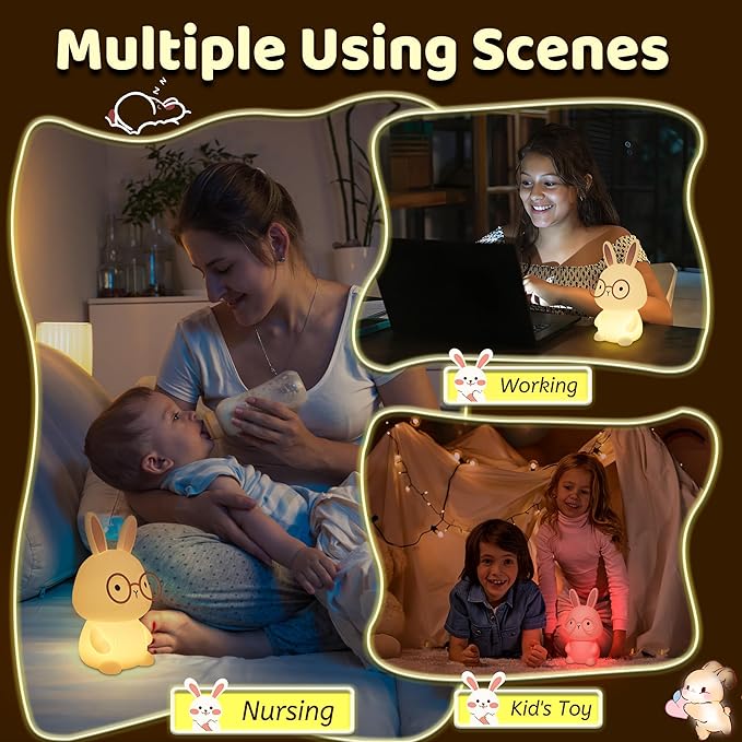 YuanDian Bunny Night Light with 8 Color Lights, Gift for Adults Teens and Babies, Decorate Kids' Bedroom with Cute Silicone Rabbit Nightlights, Animal Lamp Gift for Children and Toddlers