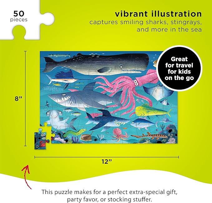 Crocodile Creek 50-Piece Jigsaw Puzzle - Fun Table or Floor Puzzles for Kids Ages 4-6 and Up - Includes Heavy-Duty Shaped Box for Storage - Shark Reef - 12" x 8" Finished