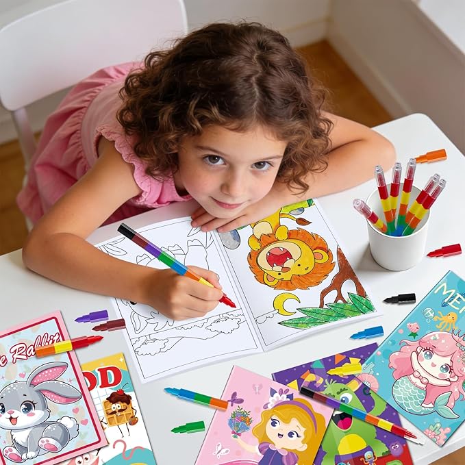 Kalysky 24 Pack Mini Coloring Books with Stackable Rainbow Crayons for Kids Ages 4-12 | Birthday Party Favors, Goodie Bag Stuffers,Classroom Prizes,Return Gift–Bulk Coloring Activity Set for Toddlers