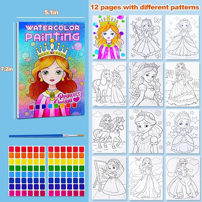 JUNQIU Water Color Paint Sets for Kids, Watercolor Painting Coloring Books for Toddlers, Paint with Water Books for Kids Ages 4-8, Art Craft Kits for Girls Boys Drawing with Brush