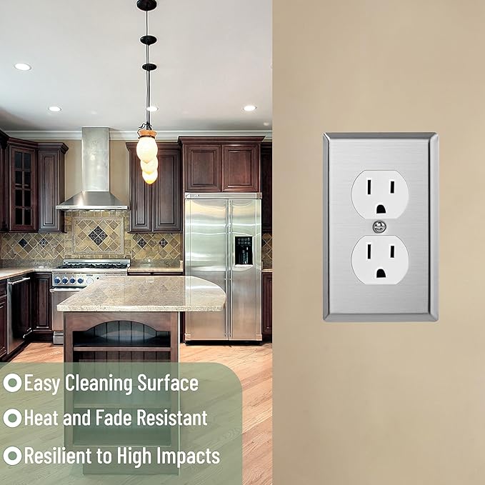 Bates- Metal Duplex Receptacle Wall Plate, 4.5" x 2.76"/Standard Size, 2 Pack, Stainless Steel Outlet Covers Wall Plate, Electric Outlet Cover Plates