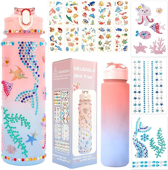 Gifts for Girls 4-12, Decorate Your Own Water Bottle Kits for Kids Age 4-6-8-10, Pink Easter Birthday Gifts for 5 6 7 8 9 10 Year Old Kid, Mermaid Water Bottle Fun DIY Art and Craft Gift Toys for Girl