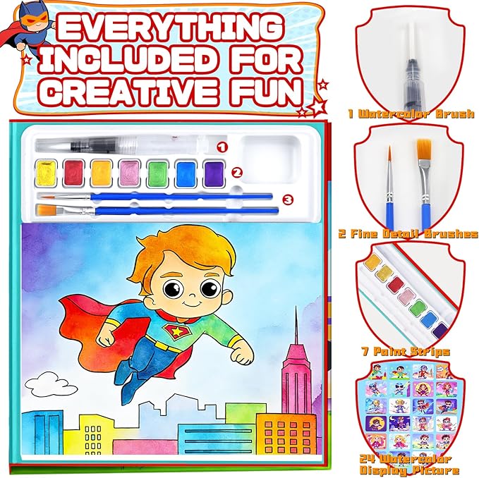 Water Color Painting Set for Kids, Mess Free Watercolor Coloring Books, Arts and Crafts for Boy Ages 3-5 4-8, Travel-Friendly Drawing Kit for Birthday, Christmas Gifts