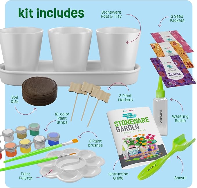 Dan&Darci Paint & Plant Stoneware Flower Gardening Kit - Gifts for Girls & Boys Ages 6-12 - Kids Arts & Crafts Project Birthday Gift, STEM Activity for Age 6, 7, 8, 9, 10, 11 & 12 Year Old Girl