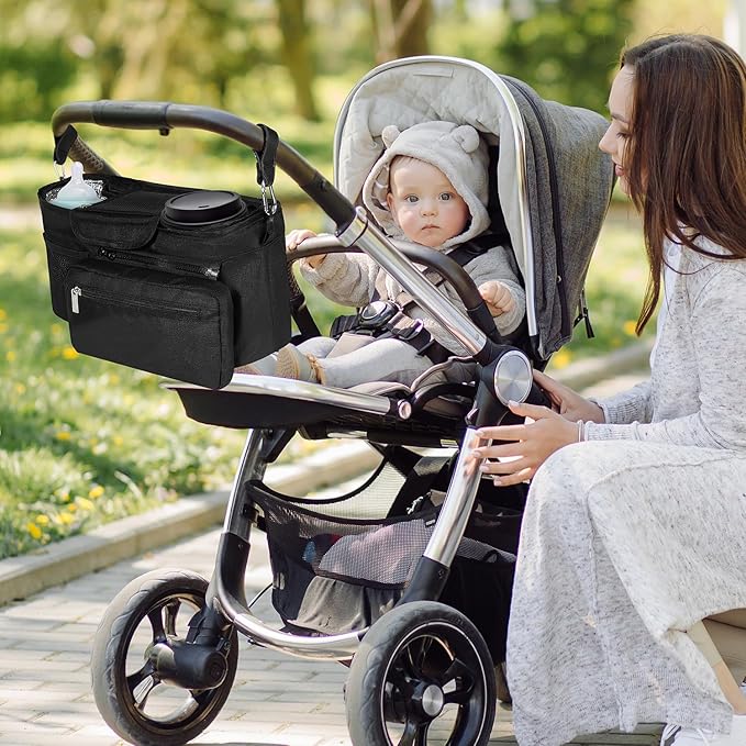 Universal Stroller Organizer with Insulated Cup Holder, Stroller Caddy with Detachable Bag & Shoulder Strap, Stroller Attachment Non-Slip Secure Hooks Accessories Fits Most Strollers