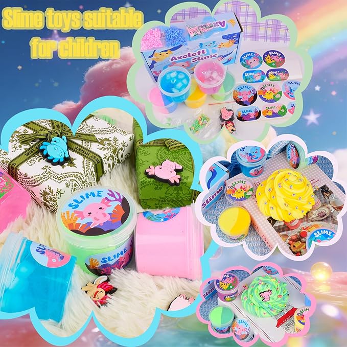 5 Pack Axolotl Crystal Butter Slime Kit, a Soft and Elastic Non Sticky Stress Relieving Toy, Suitable for Children Aged 8-12 Years Old for Classroom Parties and Gatherings