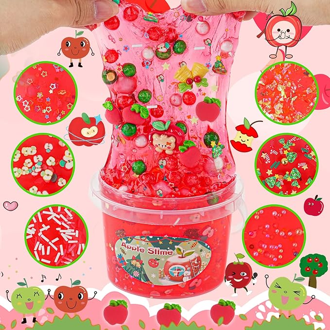 LAWOHO 300ml Apple Clear Slime with Clay, Red Slime Kit for Girls & Boys with 9 Packs Cute Add-Ins for Kids Party Favors, Non Stick Slime Making Kit for Birthday Halloween Christmas Easter Gifts