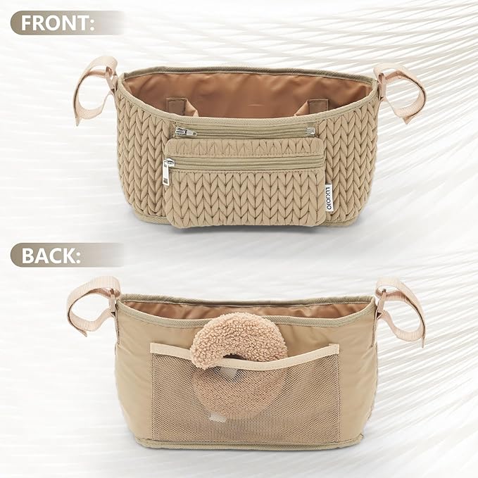 Stroller Organizer - Stylish 3D Herringbone Quilting Nylon, Universal Fit, Detachable Bag, Adjustable Multi-Storage for Baby Essentials