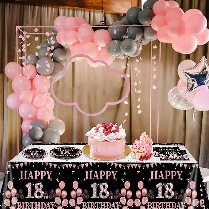 62Pcs 18th Birthday Decorations for Girls Her, Rose Gold Birthday Party Supplies Include 20 7''Plates 20 9'' Plates 20 Napkins and 2 Tablecloth, Rose Gold Princess Party Tableware for 20 Guests