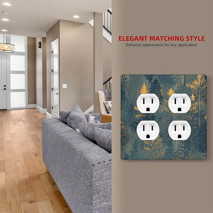 Decorative Outlet Covers with Golden Trees & Abstract Gradient Forest Landscape Design 2 Gang Wall Plate Double Duplex Receptacle Light Switch Cover Switch Plate Cover Blue Retro Home Decor