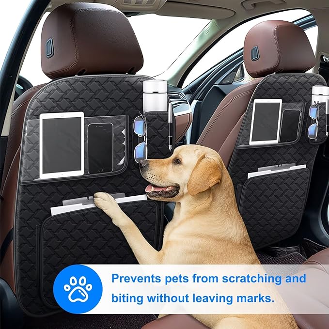Back Seat Protector 2 Pack Fit for Ford F150 Car Kick Mats with Touch Screen Tablet Holder Storage Organizer Waterproof Dirt Proof Faux Leather Auto Accessories for Kids (1 Pair Black)