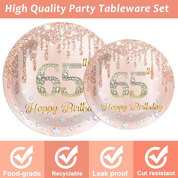 CHUNNIN 96Pcs 65th Birthday Decorations Pink Rose Gold Paper Plates Napkins Forks Set 65 Year Old Tableware Party Supplies Disposable Rose Gold Dinnerware Table Decor Favors for Women Serves 24
