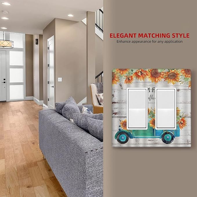 Decorative Outlet Covers Teal Farm Truck Pulling Sunflowers 2 Gang Wall Plate Double Rocker Decora Light Switch Cover Plate Jumbo Dual Electrical GFCI Switch Plate Cover for Farmhouse Decor