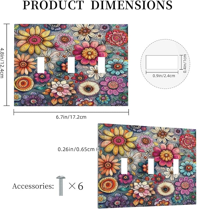 Decorative Switch Plates Colorful Rainbow Pointillisme Flower 3 Gang Wall Plate Triple Toggle Light Switch Cover Faceplate Electrical Wall Panels For Bed Room Home Decor