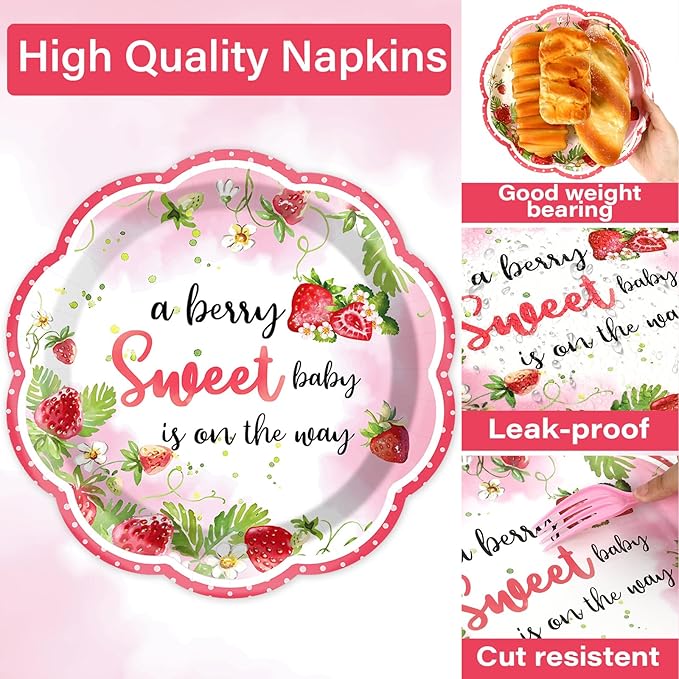 Qyeahkj 100 Pcs Strawberry Baby Shower Party Plates Napkins Forks Supplies Set Sweet Berry Tableware Party Supplies A Berry Sweet Baby Is On The Way Strawberry Dinnerware Decorations Favors Serve 25