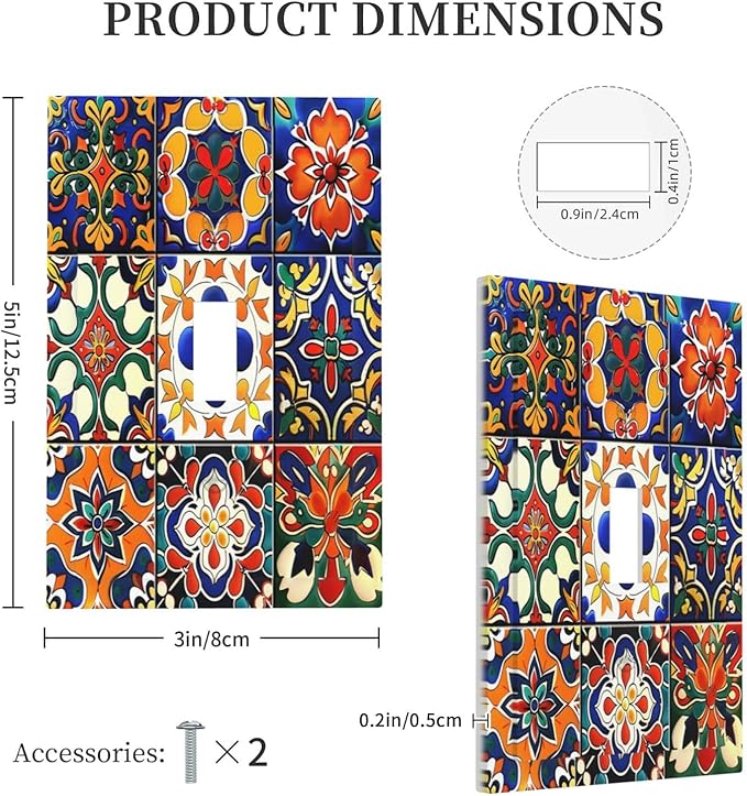 Decorative Light Switch Cover Colorful Mexican Talavera Vintage Boho Floral 1 Gang Single Toggle Device Electrical Faceplate Switchplates Decorator Outlet Wall Plate For Farmhouse