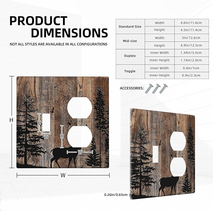 Wallplates Rustic Forest Antler Elk Deer Silhouettes Animals Wood Grain 1 Toggle 1 Duplex Switch Plate Electrical GFCI Faceplate Decorative Light Switch Covers for Farmhouse Home Decor