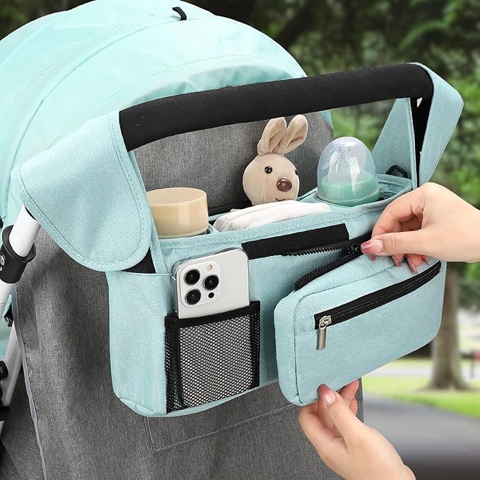 Stroller Organizer with Insulated Cup Holders - Universal Blue Baby Stroller Bag Caddy with Detachable Phone Pocket, Diaper Storage, Adjustable Straps for Uppababy, Doona, Baby Jogger, Britax