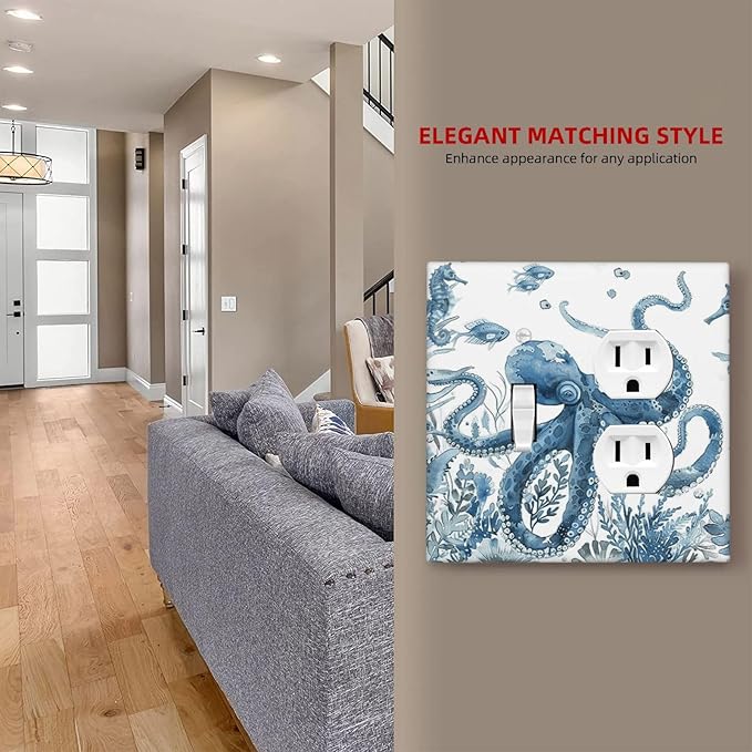 Blue Octopus Squid Seahorse Coral Watercolor Wild Sealife Wallplates 1 Toggle 1 Duplex Switch Plate Electrical GFCI Faceplate Decorative Light Switch Covers for Bathroom Kids Room Decor