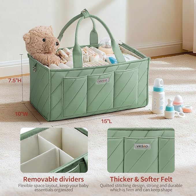 Baby Essentials Diaper Caddy Organizer – Portable Storage Basket with Shoulder Strap & Stroller Hooks, Splashproof Quilted Nursery & Car Tote, Gender Neutral Gifts for Baby Shower, Sage Green
