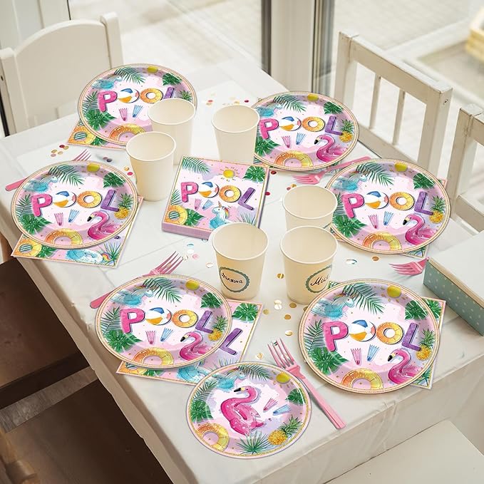 96Pcs Pink Pool Party Plates and Napkins Summer Beach Birthday Party Supplies Ball Theme Flamingos Unicorns Dessert Plates Forks Tableware Disposable for 24 Guests Girls Hawaii Birthday Decorations