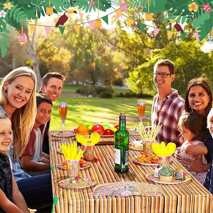 Frienda 130 Pcs Tiki Party Supplies Sets Hawaiian Party Decor Luau Plates and Napkins Party Supplies Tiki Tablecloth Aloha Tropical Plastic Cup Straw Knife Fork for Hawaii Summer Party, Serves 16