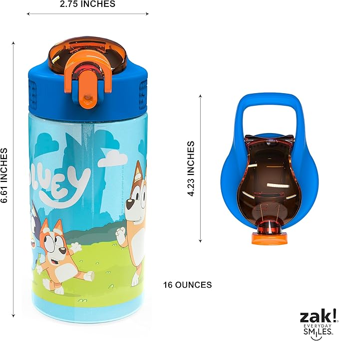 Zak Designs Bluey Kids Water Bottle Durable Plastic Spout Cover and Built-in Carrying Loop, Leak-Proof Water Design for Travel, (16oz, 2pc Set), 2pk