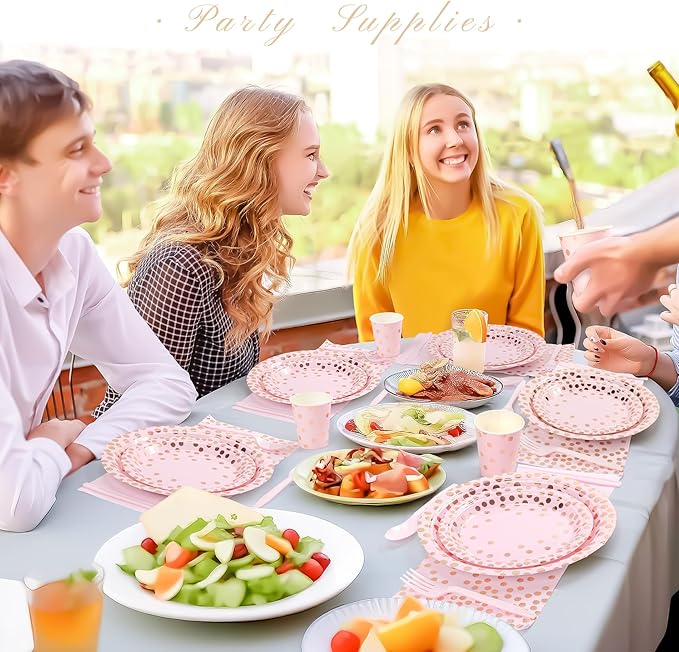 Pink and Rose Gold Dots Plates Set for 24 Guests, 168PCS Disposable Dinnerware,Party Supplies Paper Plates Napkins Cups Pink Cutlery for Birthday Baby Shower Wedding Bridal Anniversary Party