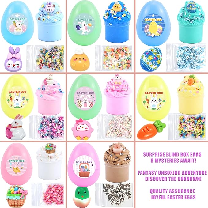 8Pack Butter Slime kit for Kids,Easter Basket Stuffers Party Favors Stretchy and Non-Sticky, Sensory Play Kit and Easter Basket Fillers Slime and Charms - Prefilled Eggs